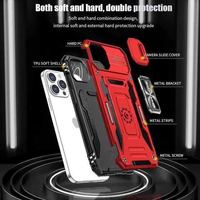 Alt view image 7 of 7 - Rugged Case for iPhone 13 Pro with Tempered Glass Screen Protector, Slide Camera Cover & Kickstand Military Grade Drop Proof Case Compatitable with Magnetic Holder, Red