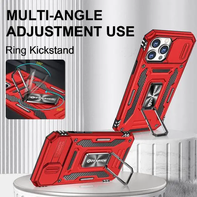 Alt view image 2 of 7 - Rugged Case for iPhone 13 Pro with Tempered Glass Screen Protector, Slide Camera Cover & Kickstand Military Grade Drop Proof Case Compatitable with Magnetic Holder, Red