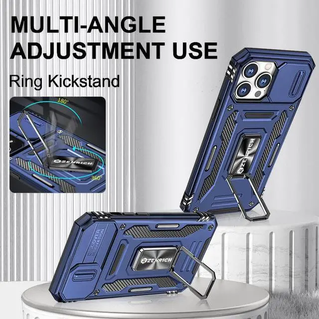 Alt view image 2 of 7 - Rugged Case for iPhone 13 Pro with Tempered Glass Screen Protector, Slide Camera Cover & Kickstand Military Grade Drop Proof Case Compatitable with Magnetic Holder, Navy Blue