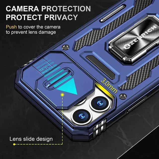 Alt view image 3 of 7 - Rugged Case for iPhone 13 Pro with Tempered Glass Screen Protector, Slide Camera Cover & Kickstand Military Grade Drop Proof Case Compatitable with Magnetic Holder, Navy Blue