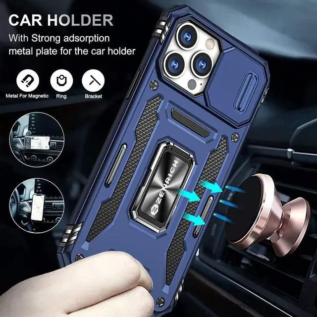 Alt view image 4 of 7 - Rugged Case for iPhone 13 Pro with Tempered Glass Screen Protector, Slide Camera Cover & Kickstand Military Grade Drop Proof Case Compatitable with Magnetic Holder, Navy Blue