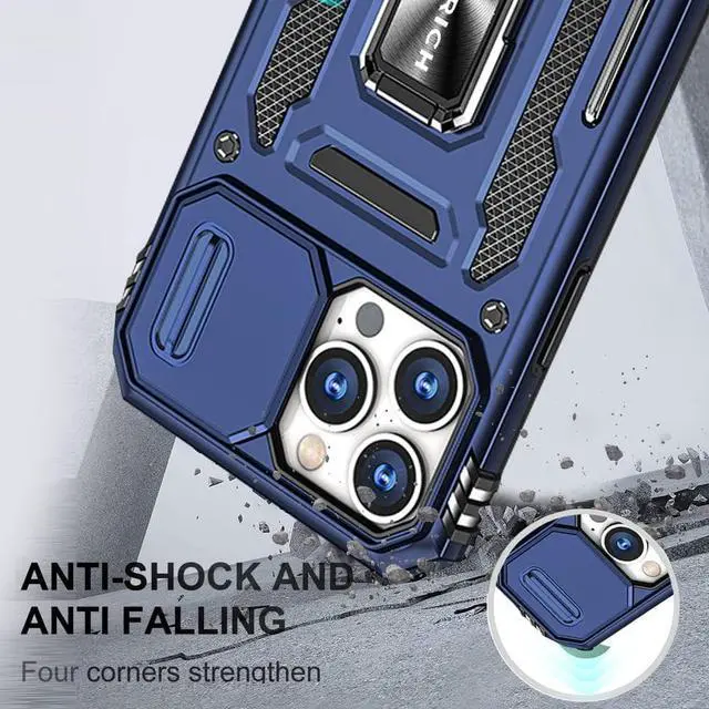 Alt view image 6 of 7 - Rugged Case for iPhone 13 Pro with Tempered Glass Screen Protector, Slide Camera Cover & Kickstand Military Grade Drop Proof Case Compatitable with Magnetic Holder, Navy Blue