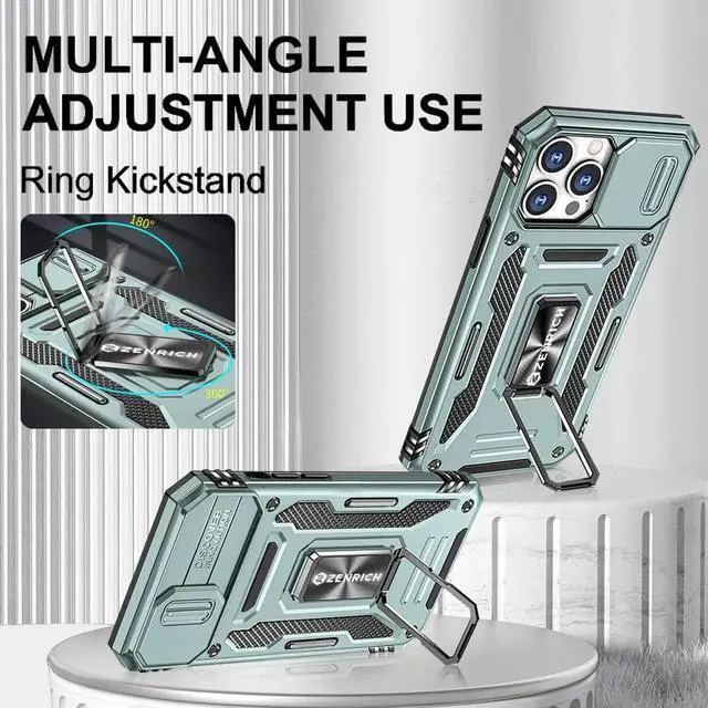 Alt view image 2 of 7 - Rugged Case for iPhone 13 Pro Max with Tempered Glass Screen Protector, Slide Camera Cover & Kickstand Military Grade Drop Proof Case Compatitable with Magnetic Holder, Alpine Green