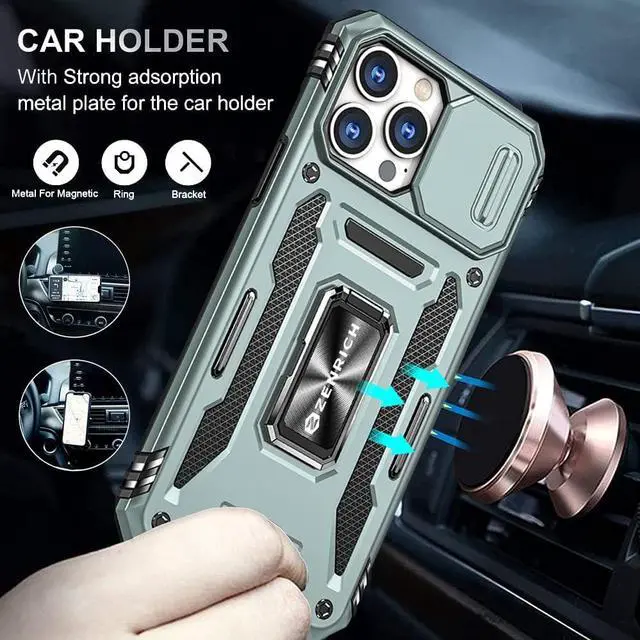 Alt view image 4 of 7 - Rugged Case for iPhone 13 Pro Max with Tempered Glass Screen Protector, Slide Camera Cover & Kickstand Military Grade Drop Proof Case Compatitable with Magnetic Holder, Alpine Green