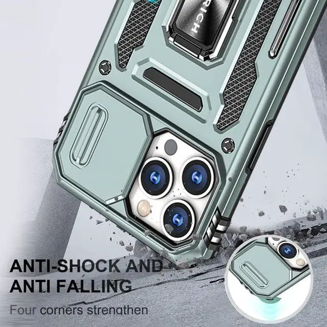 Alt view image 6 of 7 - Rugged Case for iPhone 13 Pro Max with Tempered Glass Screen Protector, Slide Camera Cover & Kickstand Military Grade Drop Proof Case Compatitable with Magnetic Holder, Alpine Green