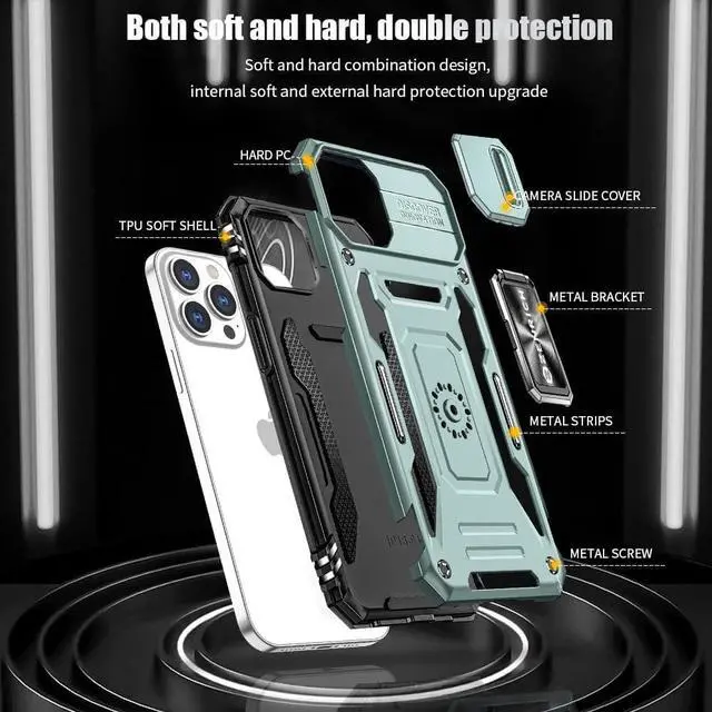 Alt view image 7 of 7 - Rugged Case for iPhone 13 Pro Max with Tempered Glass Screen Protector, Slide Camera Cover & Kickstand Military Grade Drop Proof Case Compatitable with Magnetic Holder, Alpine Green