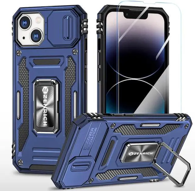 Main image of Rugged Case for iPhone 14 Max with Tempered Glass Screen Protector, Slide Camera Cover & Kickstand, Military Grade Drop Proof Case Compatitable with Magnetic Holder, Navy Blue