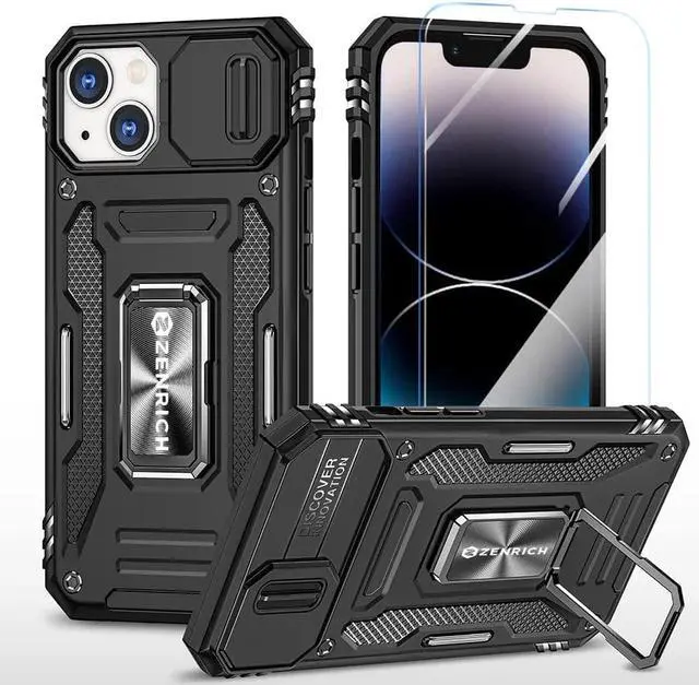 Main image of Rugged Case for iPhone 14 with Tempered Glass Screen Protector, Slide Camera Cover & Kickstand, Military Grade Drop Proof Protective Case Compatitable with Magnetic Holder, Black