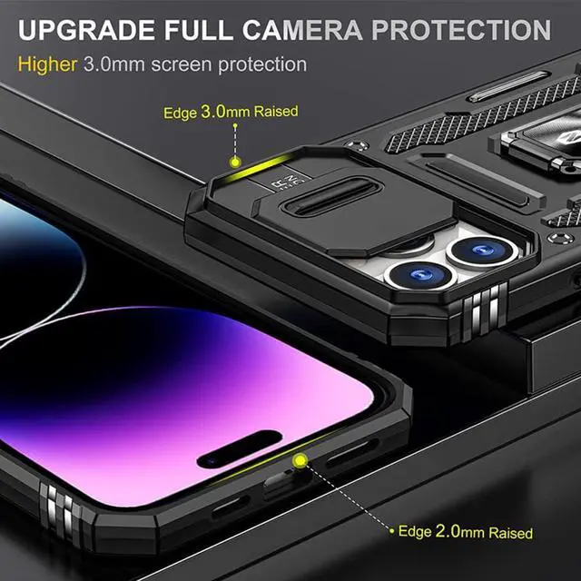 Alt view image 5 of 7 - Rugged Case for iPhone 14 Pro Max with Tempered Glass Screen Protector, Slide Camera Cover & Kickstand, Military Grade Drop Proof Protective Case Compatitable with Magnetic Holder, Black