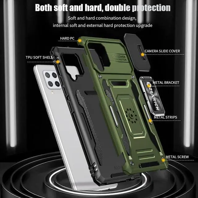 Alt view image 7 of 7 - Rugged Case for Samsung Galaxy A42 5G with Tempered Glass Screen Protector, Slide Camera Cover & Kickstand Samsung A42 Case with Military Grade Protective Magnetic Holder, Olive Green