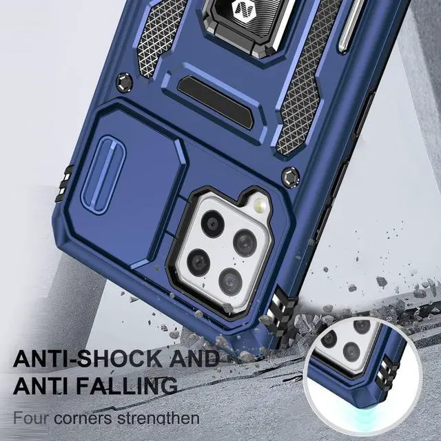 Alt view image 6 of 7 - Rugged Case for Samsung Galaxy A42 5G with Tempered Glass Screen Protector, Slide Camera Cover & Kickstand Samsung A42 Case with Military Grade Protective Magnetic Holder, Navy Blue
