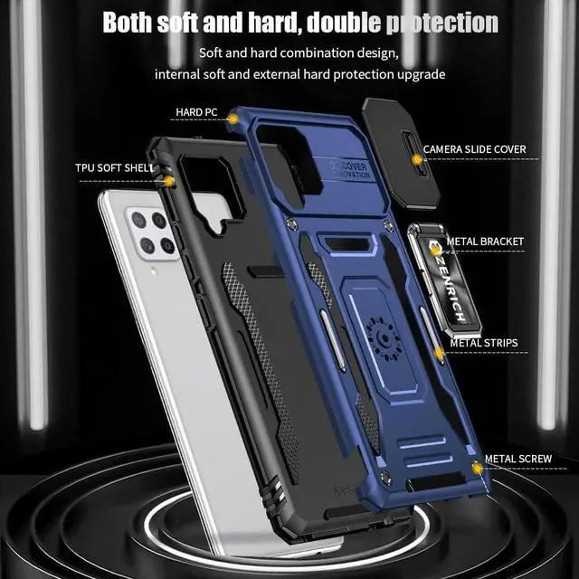 Alt view image 7 of 7 - Rugged Case for Samsung Galaxy A42 5G with Tempered Glass Screen Protector, Slide Camera Cover & Kickstand Samsung A42 Case with Military Grade Protective Magnetic Holder, Navy Blue