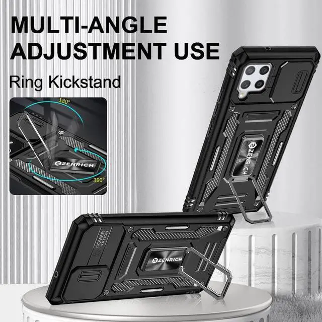 Alt view image 2 of 7 - Rugged Case for Samsung Galaxy A42 5G with Tempered Glass Screen Protector, Slide Camera Cover & Kickstand Samsung A42 Case with Military Grade Protective Magnetic Holder, Black