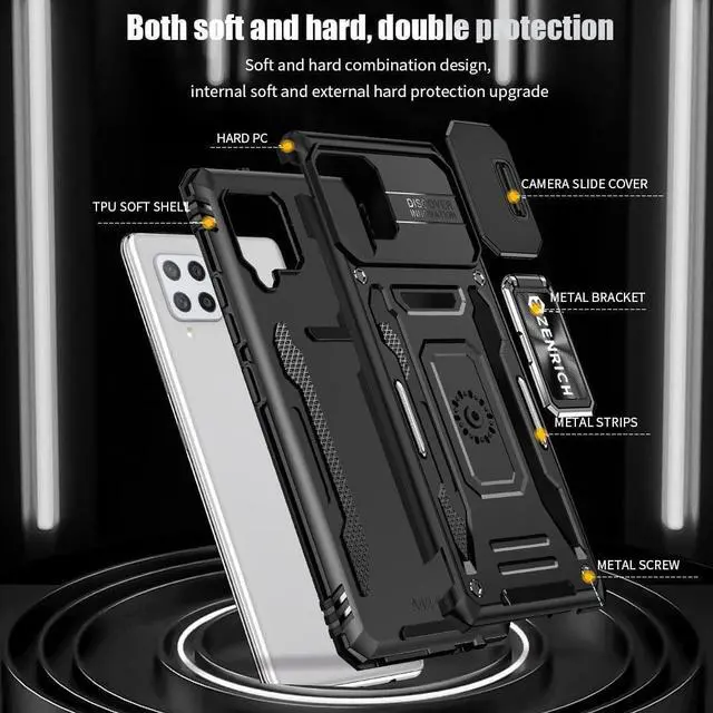 Alt view image 7 of 7 - Rugged Case for Samsung Galaxy A42 5G with Tempered Glass Screen Protector, Slide Camera Cover & Kickstand Samsung A42 Case with Military Grade Protective Magnetic Holder, Black