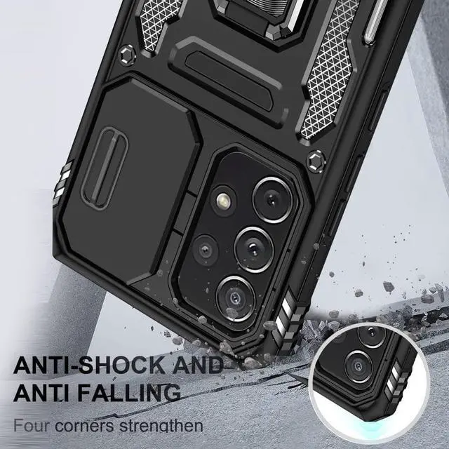 Alt view image 5 of 7 - Rugged Case for Samsung Galaxy A53 5G with Tempered Glass Screen Protector, Slide Camera Cover & Kickstand Case Dual Layer Military Grade Protective with Magnetic Holder, Black