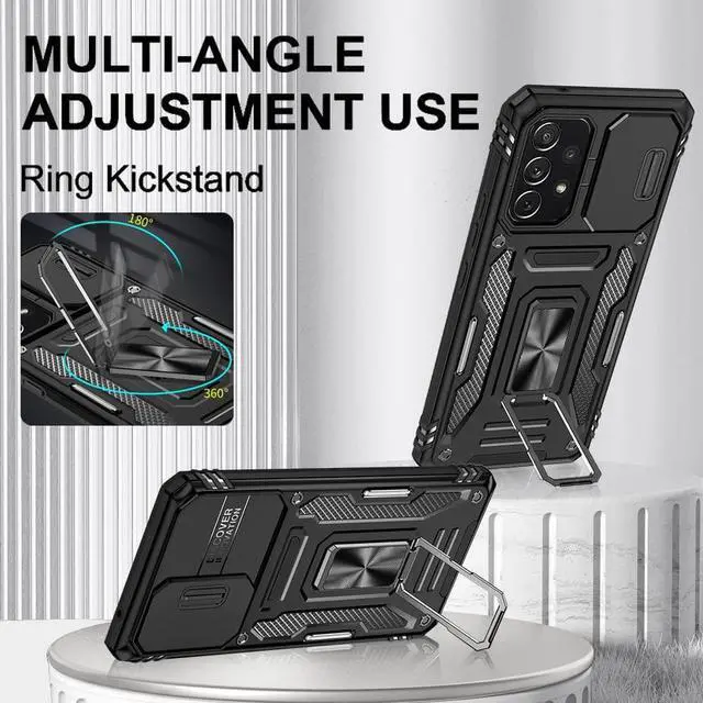 Alt view image 2 of 7 - Rugged Case for Samsung Galaxy A53 5G with Tempered Glass Screen Protector, Slide Camera Cover & Kickstand Case Dual Layer Military Grade Protective with Magnetic Holder, Black
