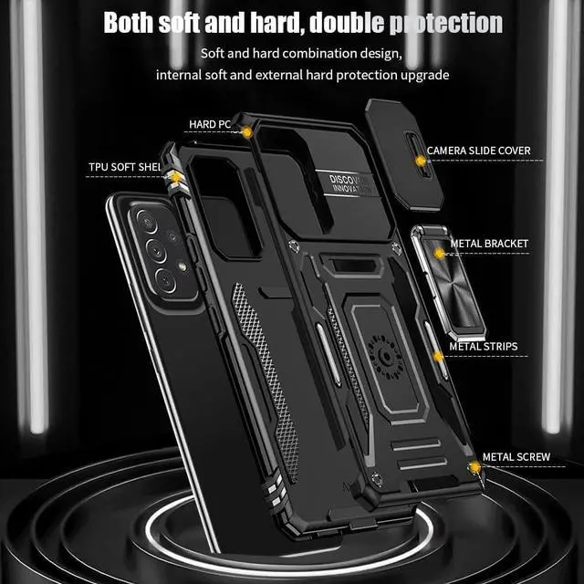 Alt view image 7 of 7 - Rugged Case for Samsung Galaxy A53 5G with Tempered Glass Screen Protector, Slide Camera Cover & Kickstand Case Dual Layer Military Grade Protective with Magnetic Holder, Black