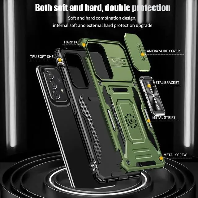 Alt view image 7 of 7 - Rugged Case for Samsung Galaxy A53 5G with Tempered Glass Screen Protector, Slide Camera Cover & Kickstand Case Dual Layer Military Grade Protective with Magnetic Holder, Olive Green