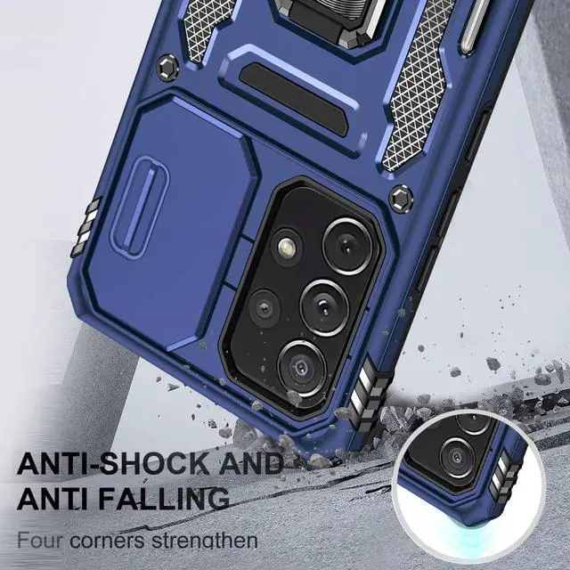 Alt view image 5 of 7 - Rugged Case for Samsung Galaxy A53 5G with Tempered Glass Screen Protector, Slide Camera Cover & Kickstand Case Dual Layer Military Grade Protective with Magnetic Holder, Navy Blue