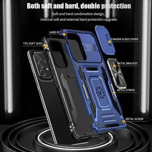 Alt view image 7 of 7 - Rugged Case for Samsung Galaxy A53 5G with Tempered Glass Screen Protector, Slide Camera Cover & Kickstand Case Dual Layer Military Grade Protective with Magnetic Holder, Navy Blue