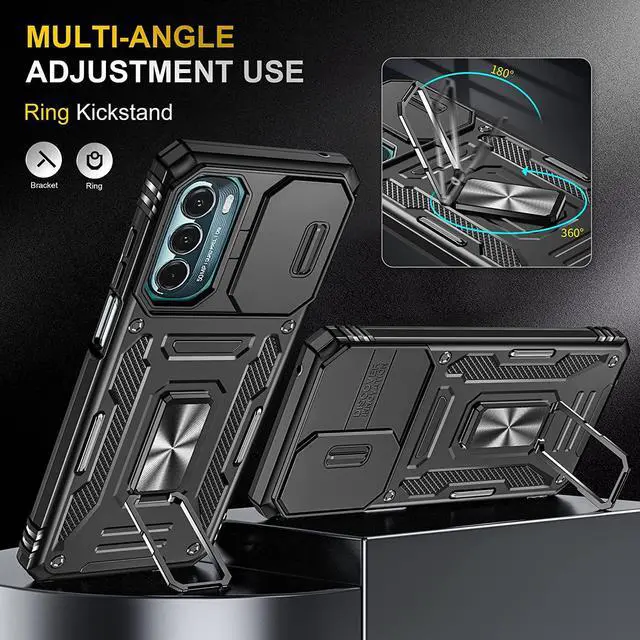 Alt view image 2 of 7 - Rugged Case for Moto G Stylus 5G (2022) with Tempered Glass Screen Protector, Slide Camera Cover & Kickstand, Dual Layer Military Grade Protective Case compatitable with Magnetic Holder, Black