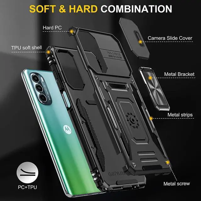 Alt view image 7 of 7 - Rugged Case for Moto G Stylus 5G (2022) with Tempered Glass Screen Protector, Slide Camera Cover & Kickstand, Dual Layer Military Grade Protective Case compatitable with Magnetic Holder, Black