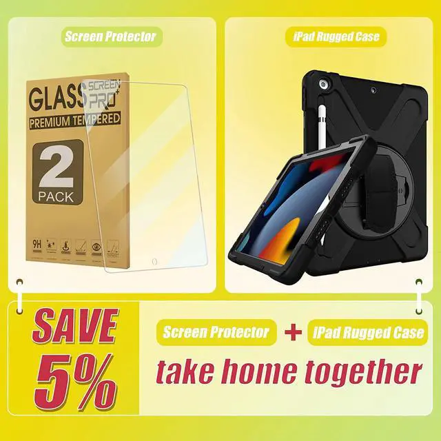 Main image of iPad 10.2 inch Rugged Case Black and 2 Pack Anti Blue Light Tempered Glass Screen Ptotector(iPad 9th/8th/7th Generation)