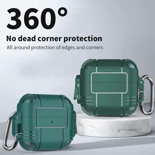Alt view image 2 of 6 - New Airpods Pro Case, Anti Lost Buckle Full-Body Hard Shell Protective Rugged Charging Cover Case with Keychain for AirPod Pro 2019, Front LED Visible,Dark Green