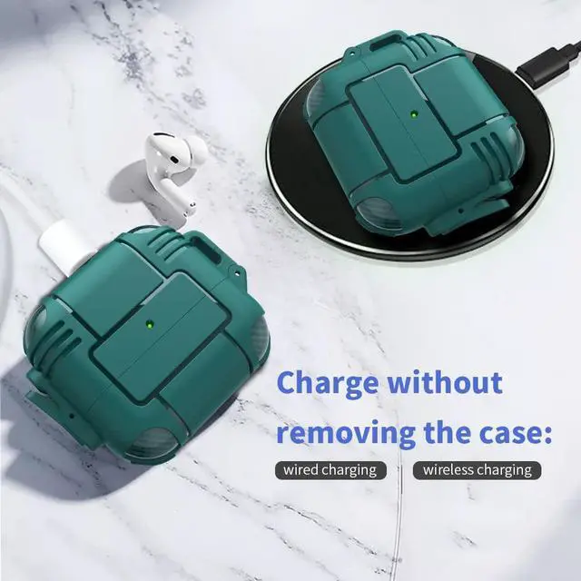 Alt view image 4 of 6 - New Airpods Pro Case, Anti Lost Buckle Full-Body Hard Shell Protective Rugged Charging Cover Case with Keychain for AirPod Pro 2019, Front LED Visible,Dark Green