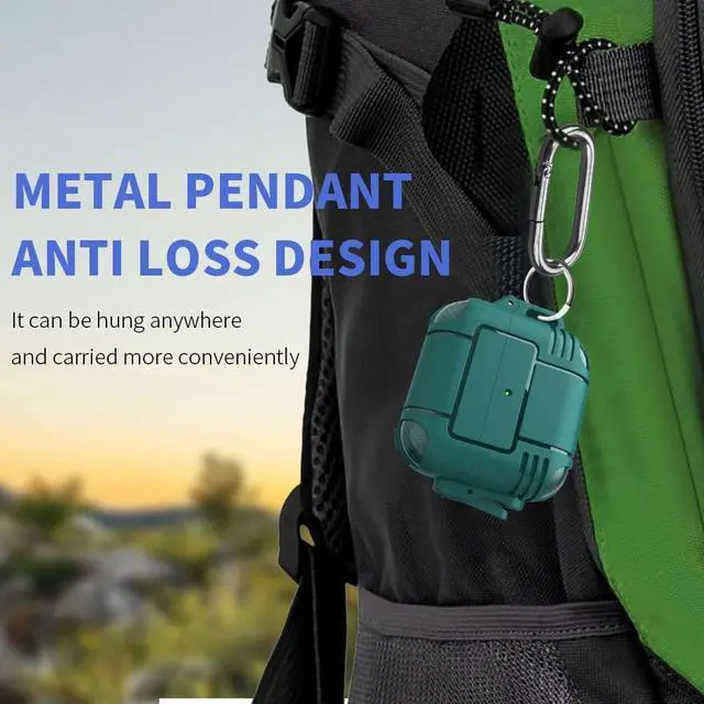 Alt view image 5 of 6 - New Airpods Pro Case, Anti Lost Buckle Full-Body Hard Shell Protective Rugged Charging Cover Case with Keychain for AirPod Pro 2019, Front LED Visible,Dark Green