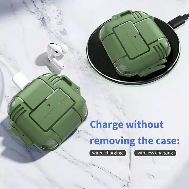 Alt view image 4 of 6 - New Airpods Pro Case, Anti Lost Buckle Full-Body Hard Shell Protective Rugged Charging Cover Case with Keychain for AirPod Pro 2019, Front LED Visible,Army Green