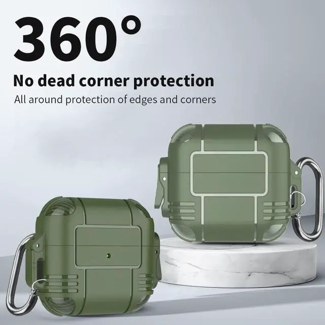 Alt view image 2 of 6 - New Airpods Pro Case, Anti Lost Buckle Full-Body Hard Shell Protective Rugged Charging Cover Case with Keychain for AirPod Pro 2019, Front LED Visible,Army Green