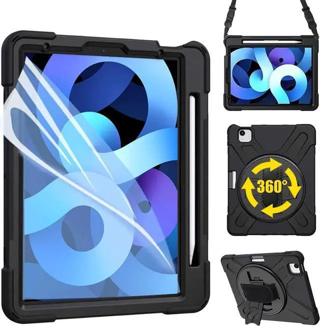 Alt view image 2 of 7 - Bundle-Rugged Shockproof Case and 2 Pack Tempered Glass Screen Protector for iPad Air 4th Generation 10.9 and iPad Pro 11 inch, Black