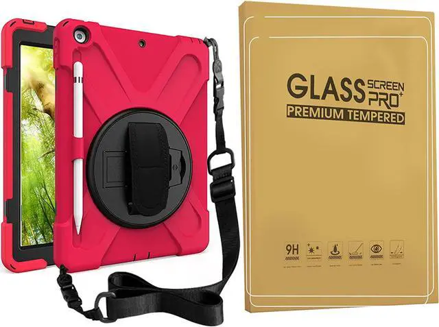Main image of Bundle-iPad 8th/7th Generation 10.2 Case with Tempered Glass Screen Protector Pencil Holder Kickstand Hand Strap and Shoulder Strap, Red