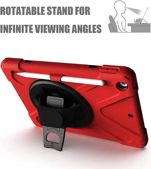 Alt view image 4 of 7 - Bundle-iPad 8th/7th Generation 10.2 Case with Tempered Glass Screen Protector Pencil Holder Kickstand Hand Strap and Shoulder Strap, Red
