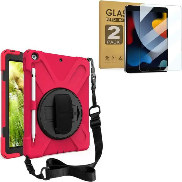 Main image of iPad 10.2 inch Rugged Case Red and 2 Pack Anti Blue Light Tempered Glass Screen Ptotector(iPad 9th/8th/7th Generation)