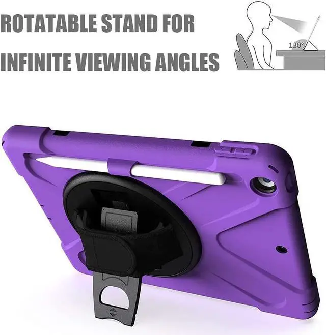 Alt view image 5 of 7 - Bundle-iPad 8th/7th Generation 10.2 Case with Tempered Glass Screen Protector Pencil Holder Kickstand Hand Strap and Shoulder Strap, Purple