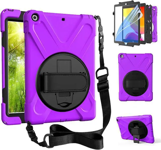 Alt view image 2 of 7 - Bundle-iPad 8th/7th Generation 10.2 Case with Tempered Glass Screen Protector Kickstand Hand Strap and Shoulder Strap, Purple