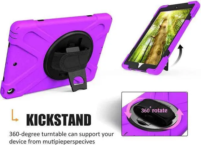 Alt view image 4 of 7 - Bundle-iPad 8th/7th Generation 10.2 Case with Tempered Glass Screen Protector Kickstand Hand Strap and Shoulder Strap, Purple