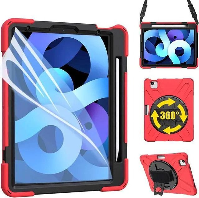 Alt view image 2 of 7 - iPad Air 4th Generation 10.9 Case 2020, iPad Pro 11 inch Case 2021/2020/2018 with Glass Screen Protector Screen Pencil Holder Stand Hand Strap Shoulder Belt, Red