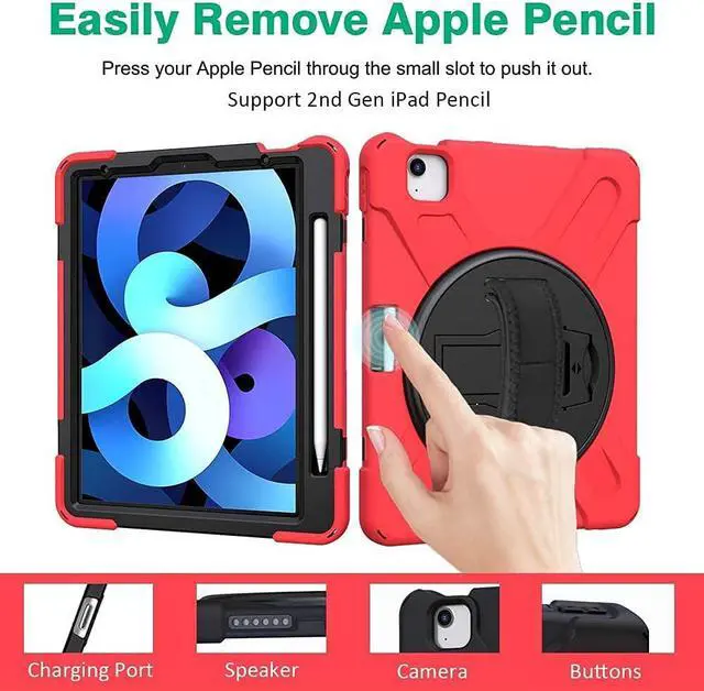 Alt view image 7 of 7 - iPad Air 4th Generation 10.9 Case 2020, iPad Pro 11 inch Case 2021/2020/2018 with Glass Screen Protector Screen Pencil Holder Stand Hand Strap Shoulder Belt, Red