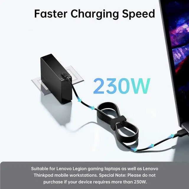 Alt view image 4 of 7 - GaN 230W Charger Fit for Lenovo Legion Thinkpad Laptops 20V 11.5A 230 Watt Slim-Tip Power Adapter