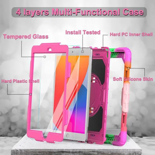 Alt view image 3 of 7 - iPad 9th/8th/7th Generation Case, iPad 10.2 Case 2021/2020/2019, [Kid Proof] Full Body Protective Case with 9H Tempered Glass Screen Protector, 360° Rotatable Kickstand & Hand Strap (Pink)