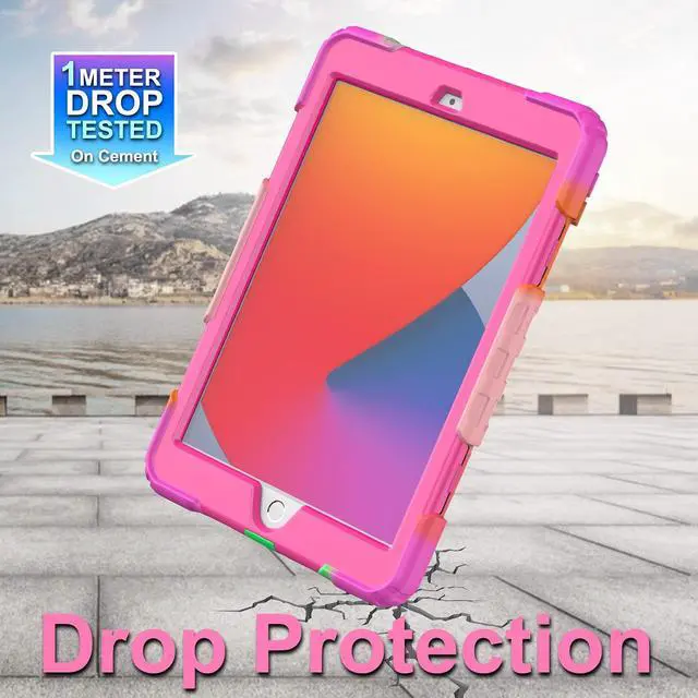 Alt view image 4 of 7 - iPad 9th/8th/7th Generation Case, iPad 10.2 Case 2021/2020/2019, [Kid Proof] Full Body Protective Case with 9H Tempered Glass Screen Protector, 360° Rotatable Kickstand & Hand Strap (Pink)