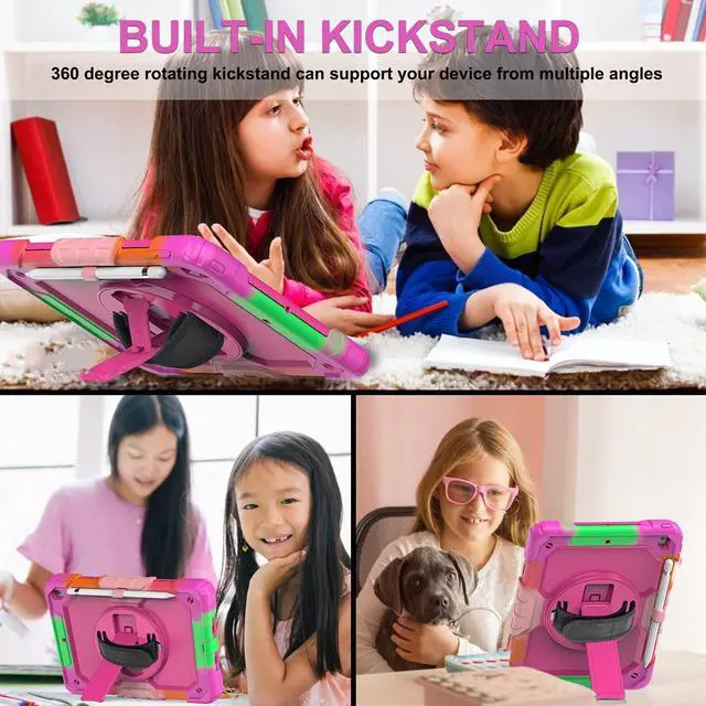 Alt view image 6 of 7 - iPad 9th/8th/7th Generation Case, iPad 10.2 Case 2021/2020/2019, [Kid Proof] Full Body Protective Case with 9H Tempered Glass Screen Protector, 360° Rotatable Kickstand & Hand Strap (Pink)