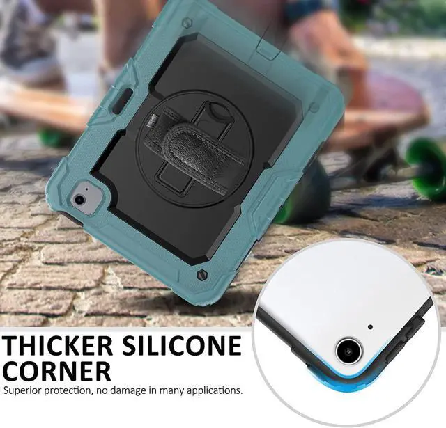 Alt view image 4 of 6 - iPad Air 5th/4th Generation Case 2022/2020, iPad Pro 11 Case, [Shockproof] Full Body Protective Case with 9H Tempered Glass Screen Protector, Rotatable Kickstand & Hand Strap (Teal & Black)