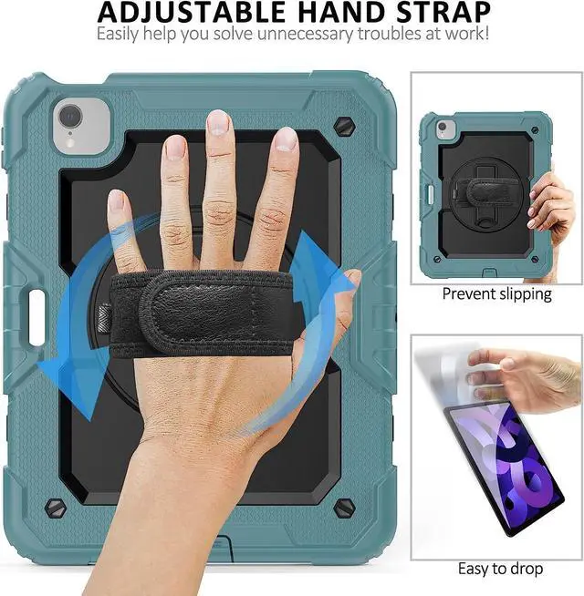 Alt view image 5 of 6 - iPad Air 5th/4th Generation Case 2022/2020, iPad Pro 11 Case, [Shockproof] Full Body Protective Case with 9H Tempered Glass Screen Protector, Rotatable Kickstand & Hand Strap (Teal & Black)