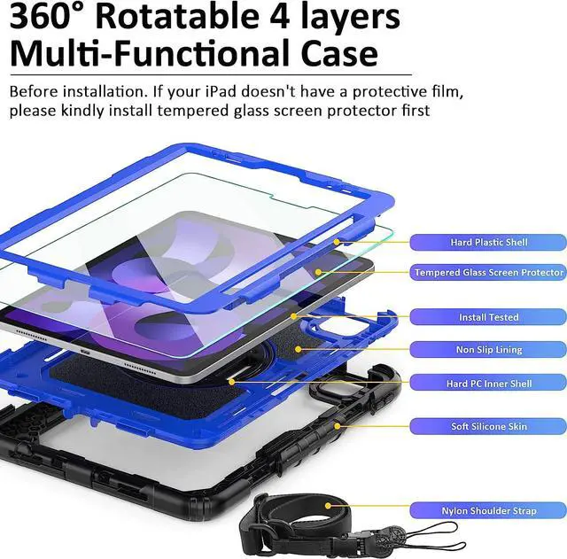 Alt view image 3 of 6 - iPad Air 5th/4th Generation Case 10.9'' 2022/2020, [Kids Proof] Full Body Protective Case with 9H Tempered Glass Screen Protector, 360° Rotatable Kickstand/Hand Strap, Shoulder Strap (Blue)