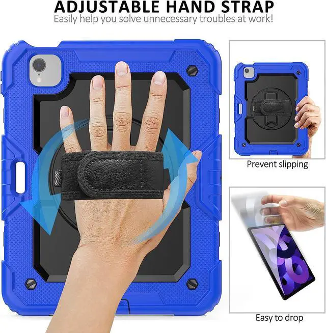 Alt view image 5 of 6 - iPad Air 5th/4th Generation Case 10.9'' 2022/2020, [Kids Proof] Full Body Protective Case with 9H Tempered Glass Screen Protector, 360° Rotatable Kickstand/Hand Strap, Shoulder Strap (Blue)