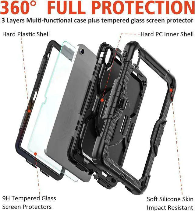 Alt view image 6 of 6 - iPad 10th Generation Case, iPad 10 Case 10.9'' 2022, [Kid Proof] Full Body Protective Case with 9H Tempered Glass Screen Protector, 360° Rotatable Kickstand & Hand Strap (Black)
